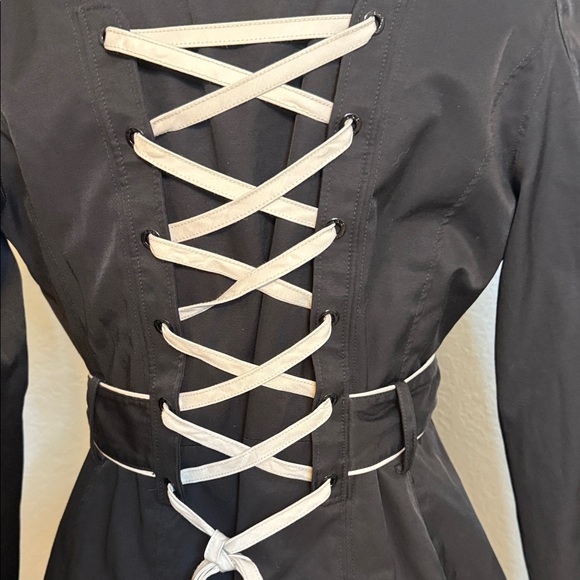 Betsey Johnson Black Trench Coat with cream trim. - Picture 6 of 16